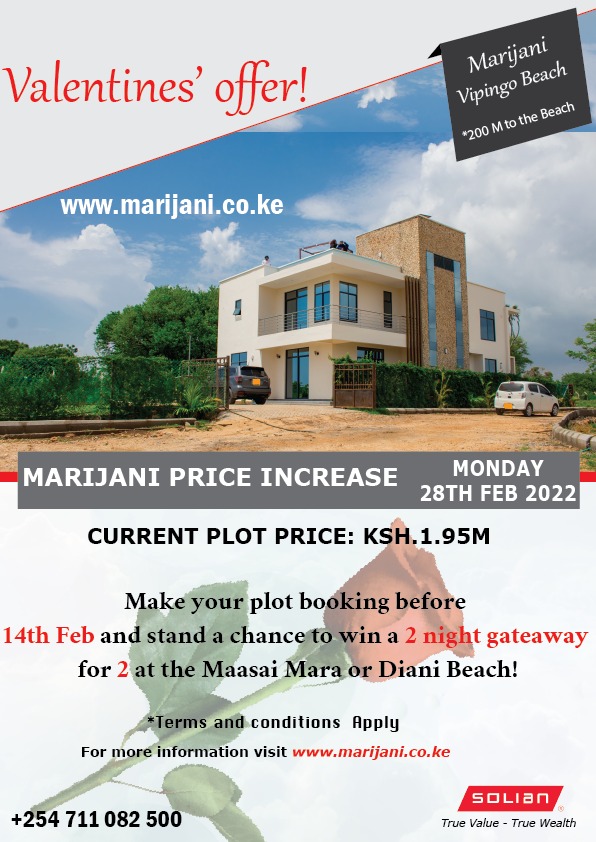 SolianKenya's tweet image. 𝘼 𝙨𝙥𝙚𝙘𝙞𝙖𝙡 𝙑𝙖𝙡𝙚𝙣𝙩𝙞𝙣𝙚'𝙨 𝙤𝙛𝙛𝙚𝙧, With a 50% booking for any plot in Marijani Vipingo Beach you 𝘄𝗶𝗻 𝗮 𝟮 𝗻𝗶𝗴𝗵𝘁 𝗴𝗲𝘁𝗮𝘄𝗮𝘆 𝗳𝗼𝗿 𝟮 𝗮𝘁 𝘁𝗵𝗲 𝗠𝗮𝗮𝘀𝗮𝗶 𝗠𝗮𝗿𝗮 𝗼𝗿 𝗗𝗶𝗮𝗻𝗶 𝗕𝗲𝗮𝗰𝗵! marijani.co.ke call 0𝟳𝟭𝟭 𝟬𝟴𝟮 𝟱𝟬𝟬