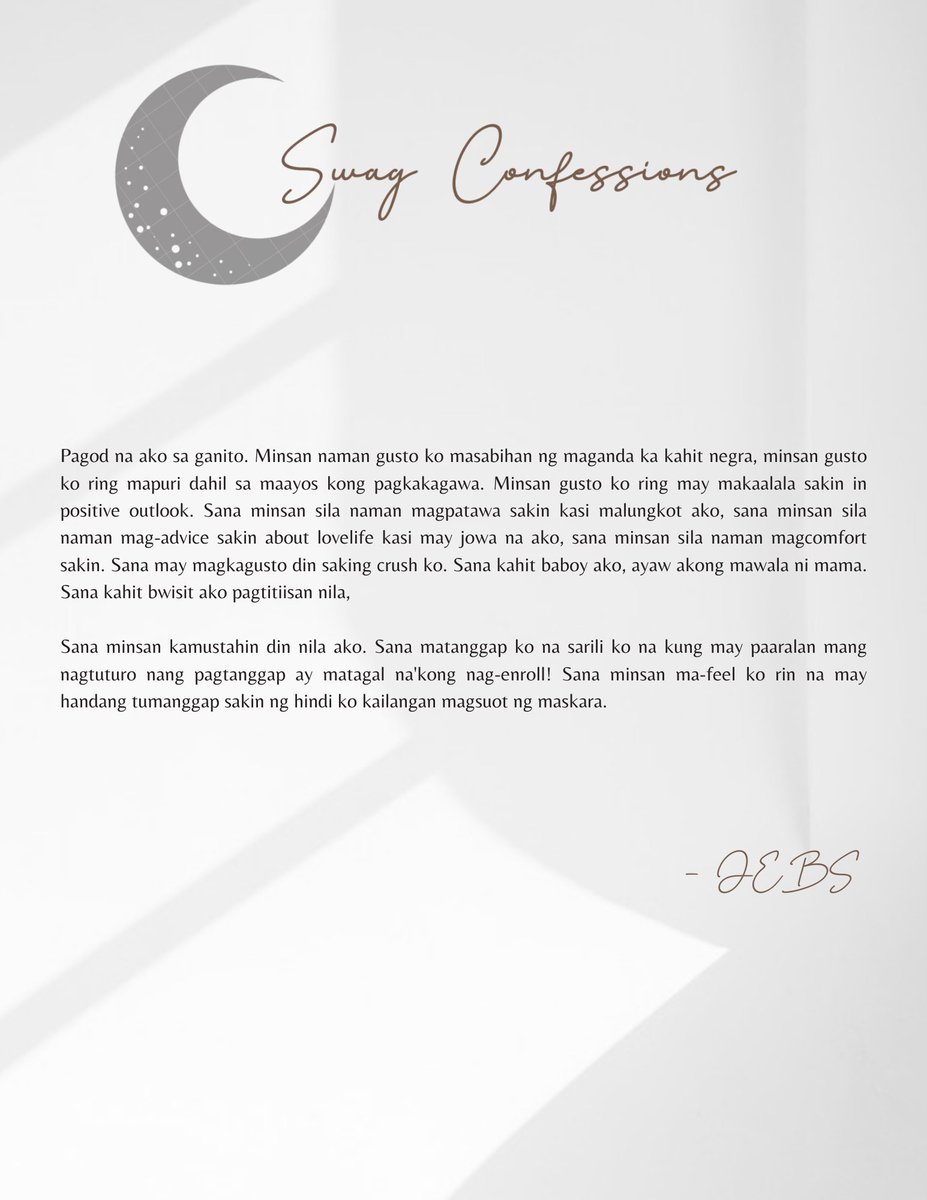 _SBConfessions's tweet photo. Confession 013:

"Sana minsan ma-feel ko rin na may handang tumanggap sakin ng hindi ko kailangan magsuot ng maskara."

I guess, it is safe to conclude that #LaLuna is the best song for our sender today. Send love under this thread!

ITO ANG LA LUNA
#PABLOLaLuna #PABLO
@imszmc https://t.co/rqONDNqzmL