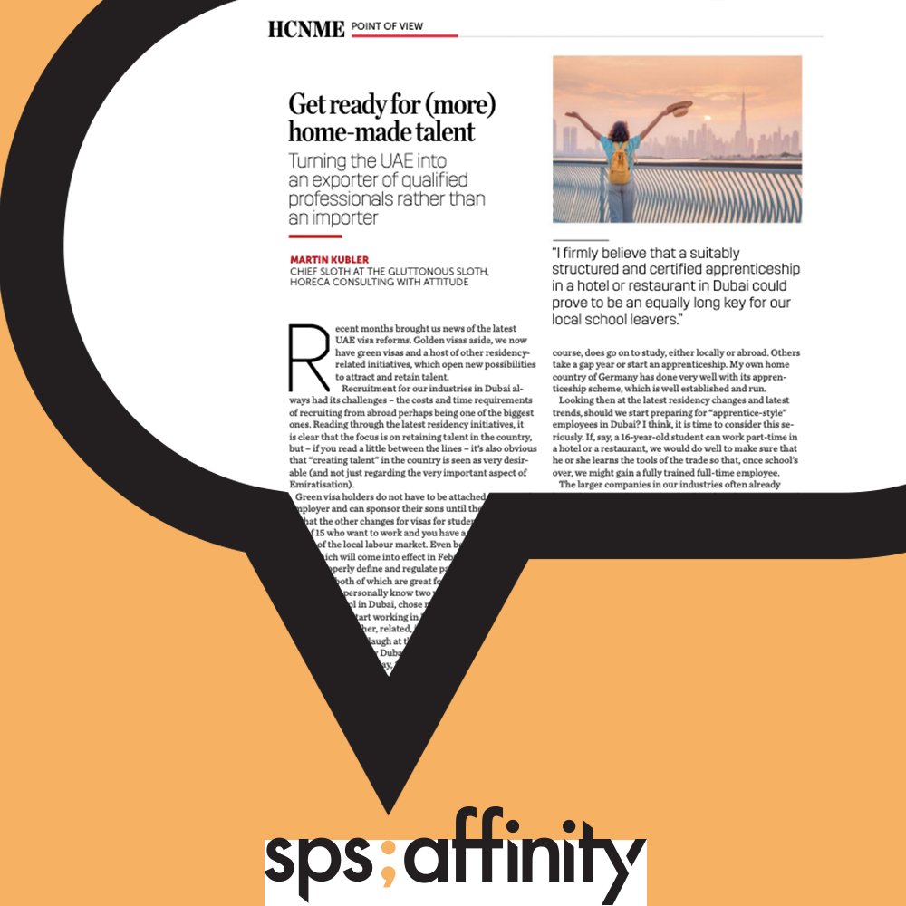 sps_affinity's tweet image. Our Partner at Large, @martin_kubler , wrote about the recent UAE Labour Law changes and the opportunities they hold for UAE companies to develop home-grown talent. You can read the full article at issuu.com/hotelnewsme/do…