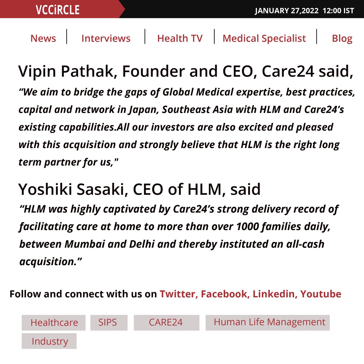 Japan's home medical care HLM buys Care24 an all-cash deal.
.
.
#acquisition #collaboration #achievements #brandcollaboration #healthcareworkers #healthcareprofessionals