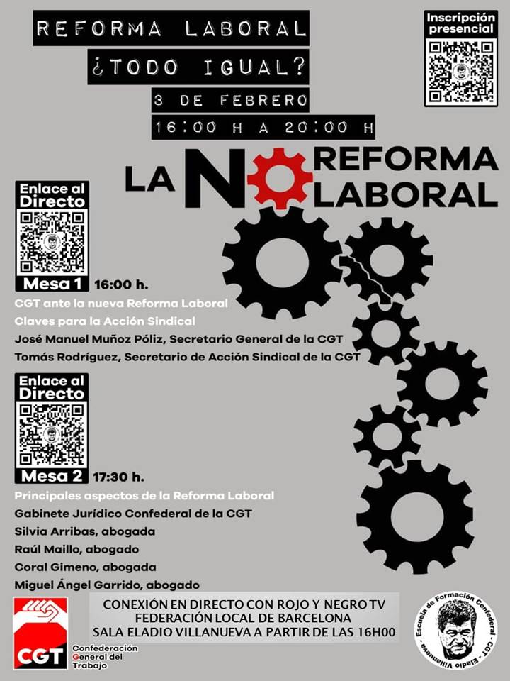 CGTBarcelona's tweet photo. Jueves 3F jornada @CGT en Barcelona x la derogación de la #NoReformaLaboral
🕰️11h
📌 Concentración subdelegación del gobierno  Barcelona:Mallorca 278 
🕰️16h
📌 Formación Reforma Laboral. ¿Todo igual? Sala Eladio Villanueva de @CGTBarcelona
Participación màxima
#DerogacionRealYa https://t.co/w81pMaWOib