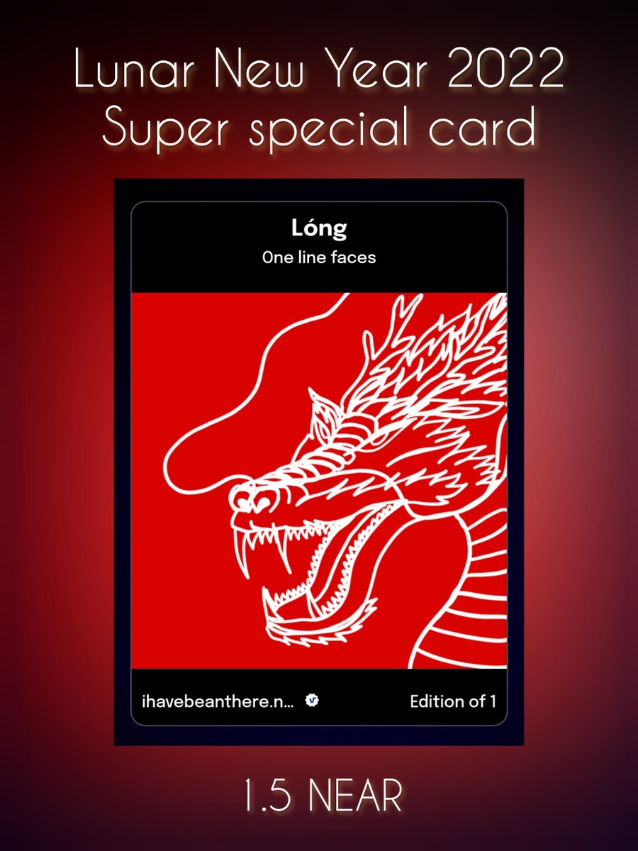 IhaveBEANthere's tweet photo. One line dragon is here!
Super special card for Lunar New Year 2022 on @paras_HQ @NearNft 🥳
Will be listed at 20:00 UTC+7 (BKK time)
Stay tuned!
#Parasnft #Paras #NEARnft #NEARverse #NEARProtocol #nearcollector #NEARartist #NFTartwork #NFTcollections #NFTs #Onelinefaces https://t.co/xUnefSOSTa