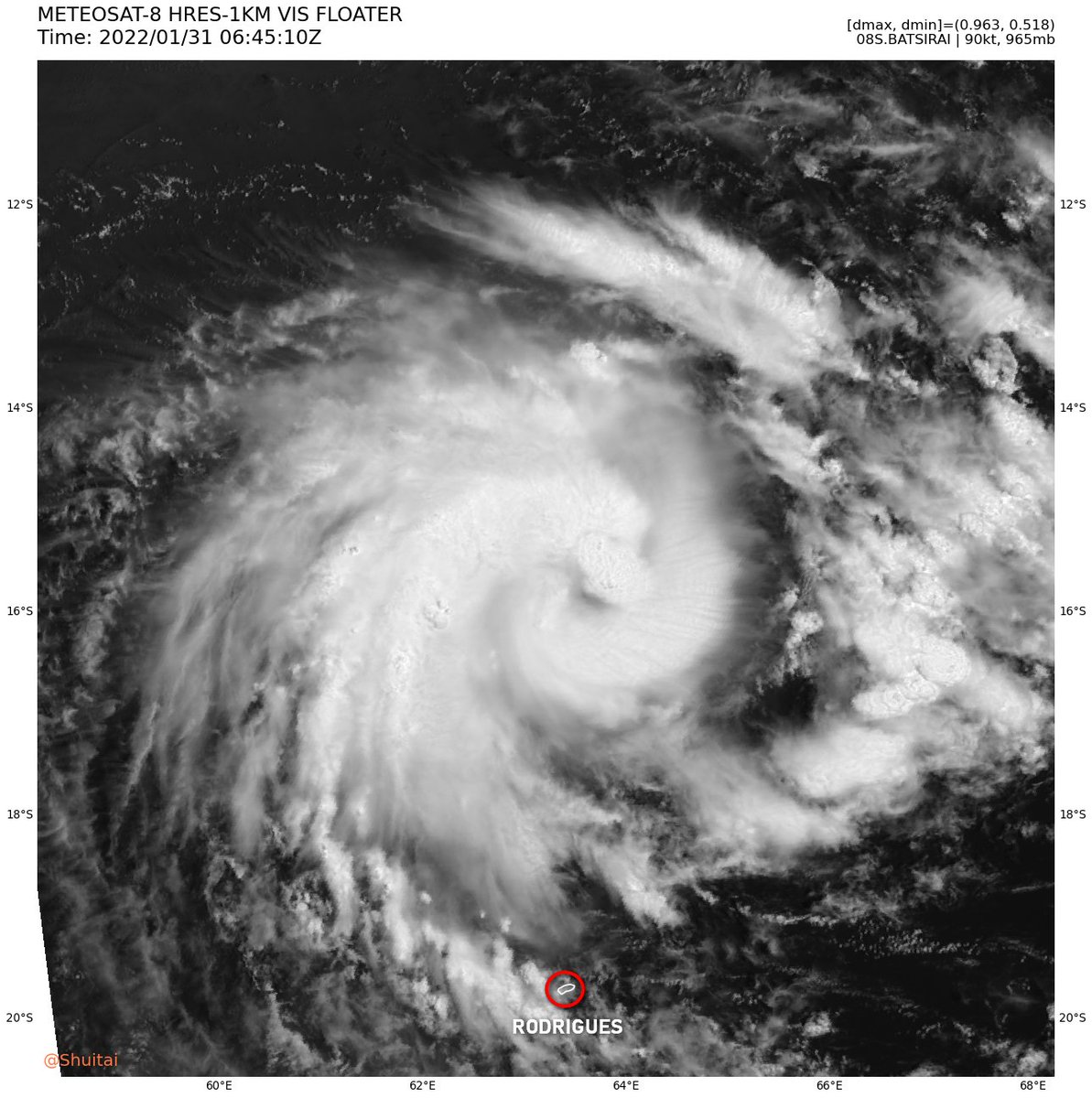 Le cyclone tropical #Batsirai dans l'Océan Indien va évoluer au nord de Rodrigues puis de Maurice et de la Réunion ces prochains jours. Il s'intensifie à mesure qu'il progresse vers l'ouest. 