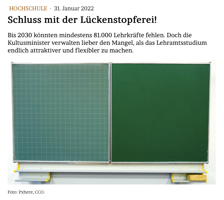 JMWiarda's tweet photo. SCHLUSS MIT DER LÜCKENSTOPFEREI!

Bis 2030 könnten mindestens 81.000 Lehrkräfte fehlen. Doch die #Kultusminister verwalten lieber den Mangel, als das Lehramtsstudium endlich attraktiver und flexibler zu machen. #Lehrermangel

In ZEIT #WISSEN3 und im Blog:  https://t.co/HsvwBgOPMx https://t.co/OkNmdk2Mx1