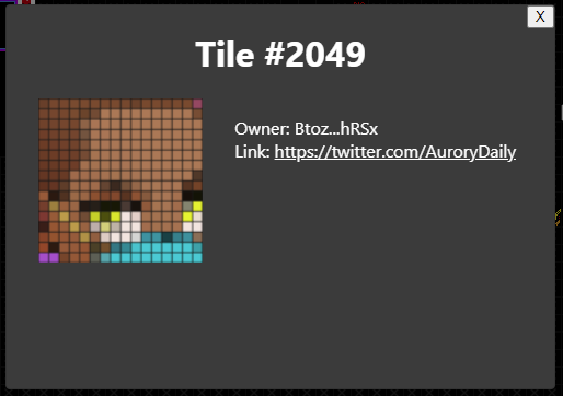 sol_pixels's tweet photo. We released adding your own URL to Solpixels #NFT tiles on the board! When you click a tile a window opens with the link! Great way to promote your own project or twitter page!

The URL and image data is stored completely on-chain #Solana 

Example from the @AuroryDaily tiles https://t.co/EDSvqapl2a