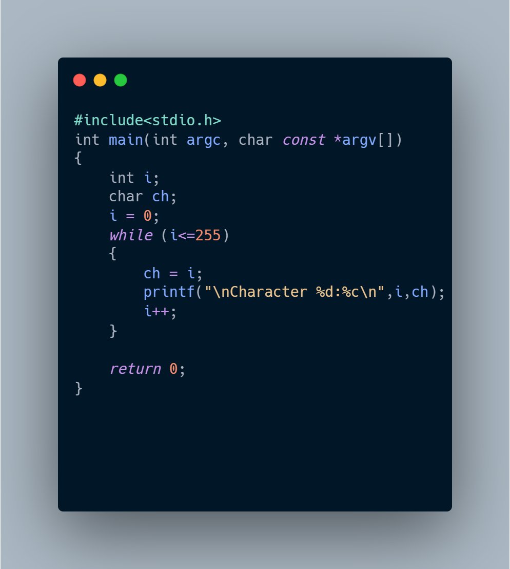 CodingHima's tweet image. This code will tell you all the ASCII characters.
#c_programming 
#Coding