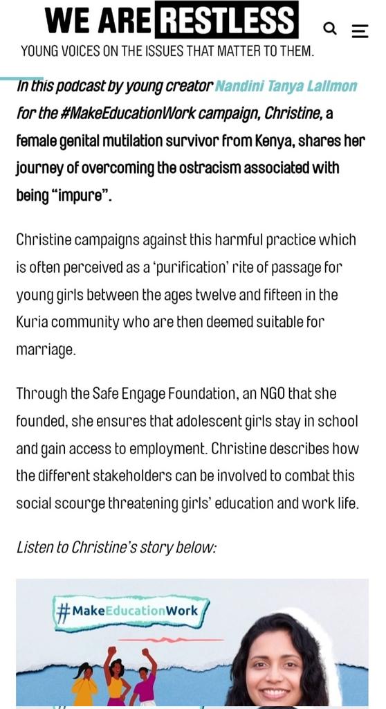 SafeFdn's tweet photo. Listen to our Founder @Ghatichristine talking about her motivation and the work we do at @SafeFdn
Check the podcast on @RestlessDev platform.
https://t.co/INkT0L3Rc7
#MakeEducationWork
#WeAreRestless
Thanks @Nandini_Tanya
@gatesfoundation
@tashadhanraj
@BornSaleema https://t.co/srME0QL3tm