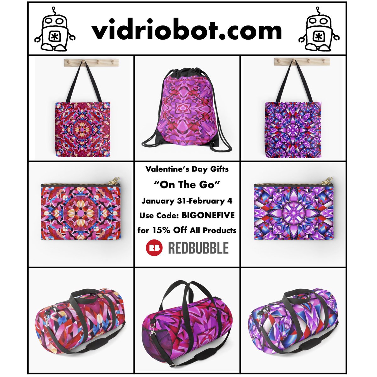 vidrio_bot's tweet photo. 15% Off for February 14th 

Use Code: BIGONEFIVE for 15% Off All Redbubble Products (January 31-February 4)

https://t.co/yETj6mQjbv

#digitalkaleidoscope #valentines #valentinesday #valentinesdaygifts

All rights reserved. © https://t.co/dGKb6JdwU3 https://t.co/H8B8gSzW8H
