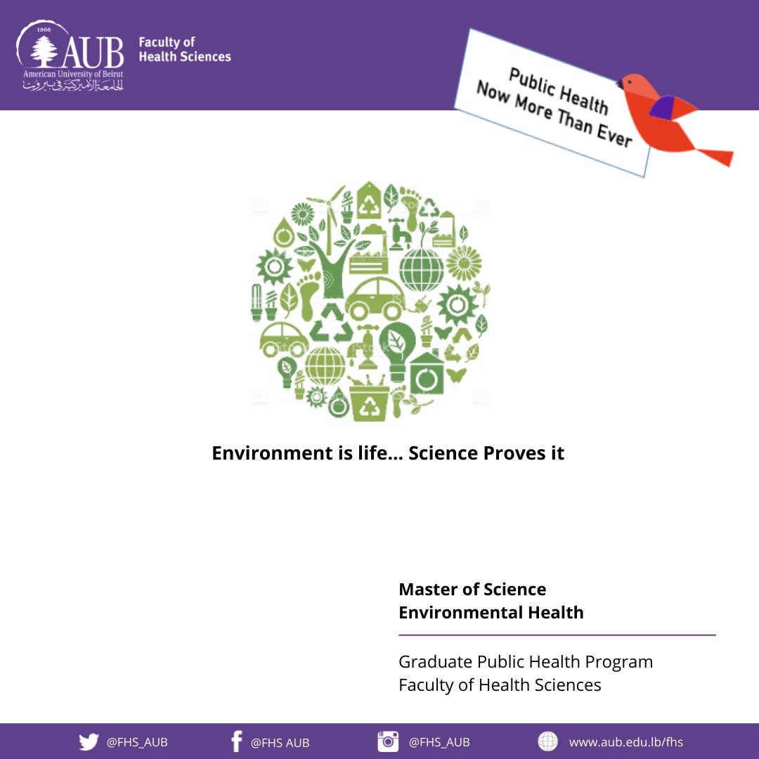 FHS_AUB's tweet photo. Looking to pursue a graduate degree in #PublicHealth?
Join our CEPH-accredited #GraduatePublicHealthProgram, MS-Environmental Health at #FHS, @AUB_Lebanon.
Visit: https://t.co/YLmqsWiKUo https://t.co/eByQXcLd1d
