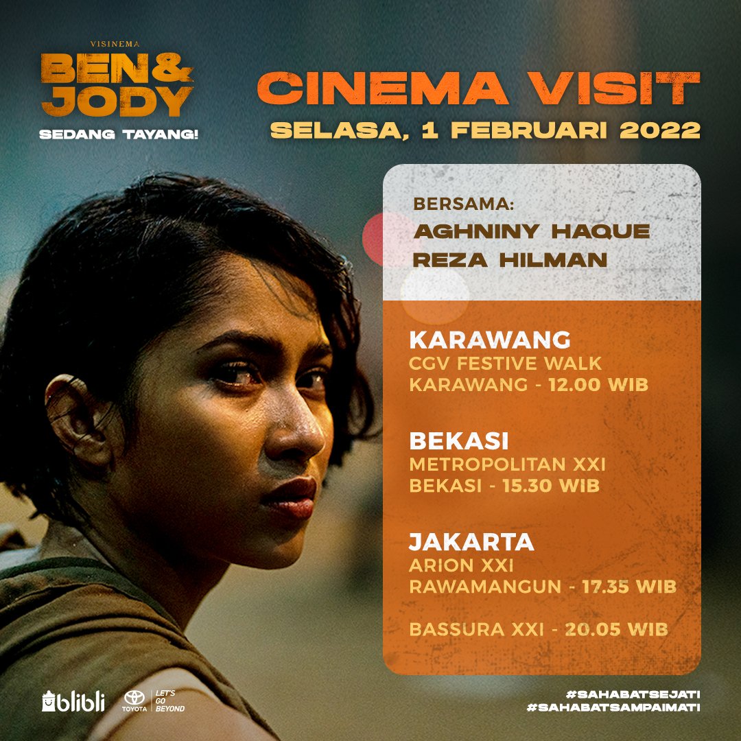 VisinemaID's tweet image. Film Ben Jody siap menyapa sahabat-sahabat yang ada di Jabodetabek! 

Warga Karawang, Bekasi dan Jakarta Timur siapkan diri kamu ya! 

Catat bioskop dan jam show yang akan kami kunjungi! Jangan sampai kelewatan, sampai bertemu di bioskop!

#FilmBenJody #FilmBenJodyTayangdiBioskop