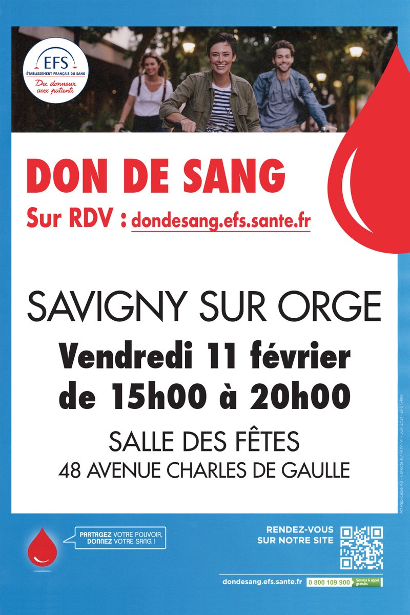 [DON DE SANG SUR RENDEZ-VOUS 🩸💉]
Vendredi 11 février de 15h à 20h à la Salle des fêtes, venez donner votre sang ! 
Le don se fera sur rendez-vous à prendre sur le lien suivant ⬇️
mon-rdv-dondesang.efs.sante.fr/.../sang/11-02…
#DonDeSang #savignysurorge