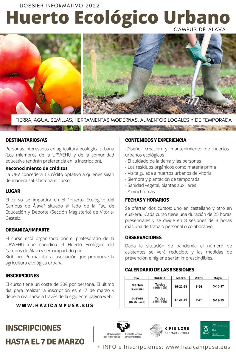Se agradece difusión: 

Desde el Huerto Ecológico del Campus de Álava hemos organizado nuevos “Cursos de iniciación al Huerto Ecológico Urbano”. Fecha limite inscripciones: 7 de marzo. <a href="/upvehu/">UPV/EHU</a>  <a href="/vg_cea/">CEA Vitoria-Gasteiz</a>

INFO e inscripciones: hazicampusa.eus/que-hacemos/fo…