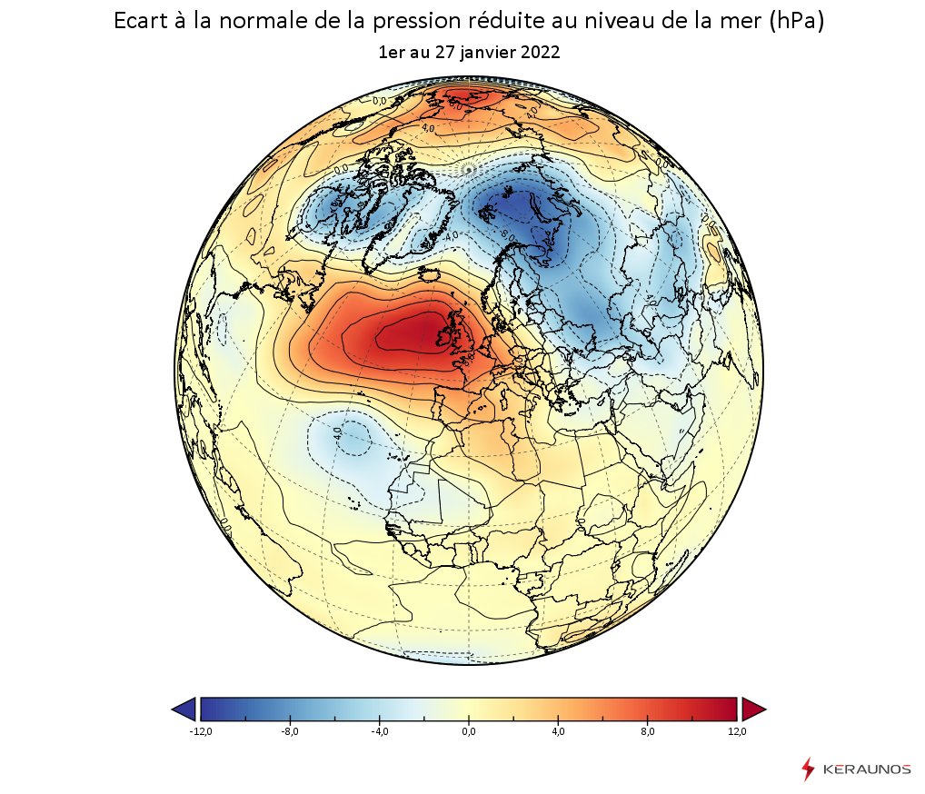 Ce mois de janvier 2022 s'est révélé particulièrement anticyclonique, avec une anomalie de hautes pressions pas vue depuis une trentaine d'années en janvier, notamment sur le nord du pays (pression moyenne de 1026 hPa sur l'extrême nord du pays). 