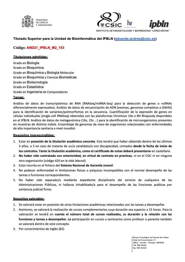 Busco un graduad@ para unirse a la Unidad de Bioinformática del <a href="/ipbln_csic/">IPBLN-CSIC</a>. Hacemos análisis ómicos muy chulos. Más información 👇