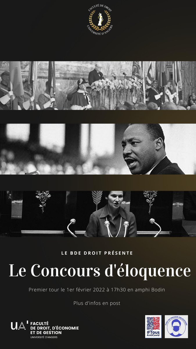 bdedroitangers's tweet photo. Rendez-vous mardi 1er février à partir de 17h30 en amphithéâtre Bodin à la @Fac_DEG_Angers pour le premier tour du Grand concours d'éloquence !

A la fin, il n'y aura qu'un seul champion.

@UnivAngers @BenjamKirschner @JobertSylvain https://t.co/OaQOenKUab