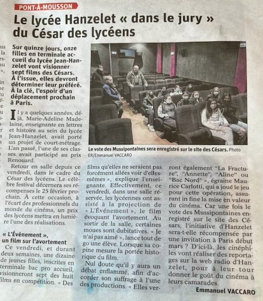CESAR des lycéens - le 7ème art mis à l'honneur grâce aux votes des élèves de baccalauréat professionnel "Métiers de l'accueil", guidées par leur professeur de lettres MA Madelaine. Les débats argumentés et les reportages sur la Web Radio vont être dès plus intéressants.