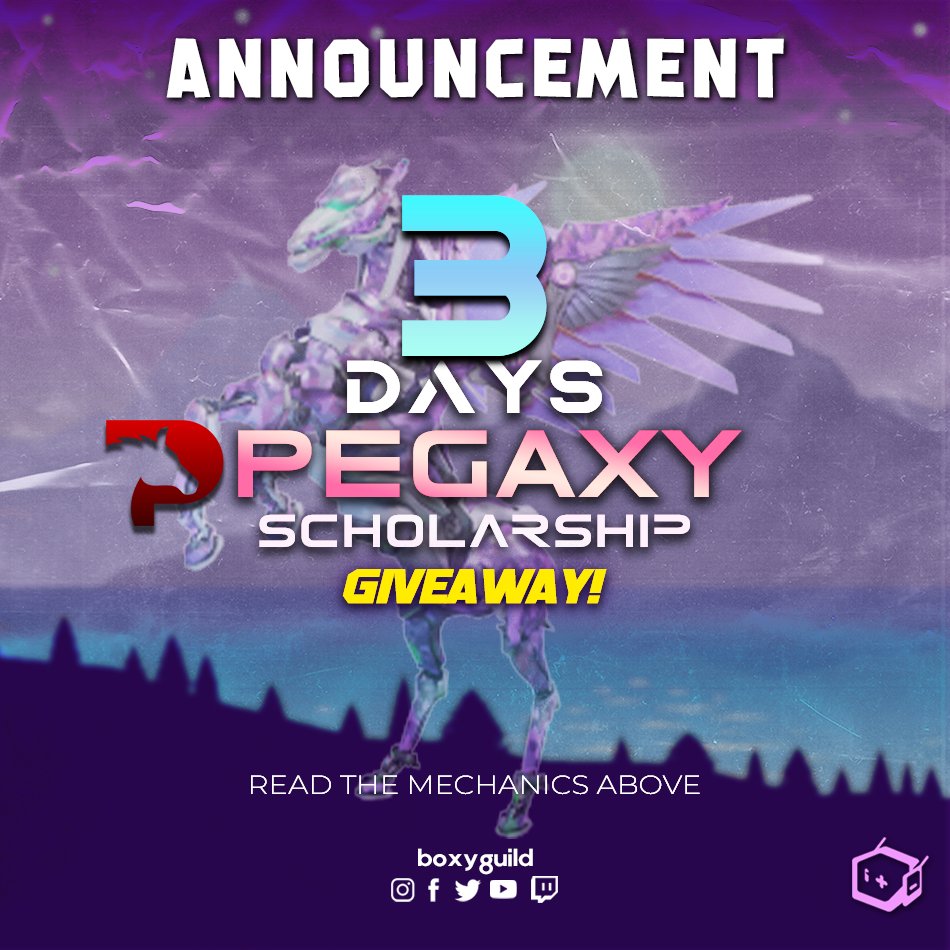 Another chance to get that Pegaxy Scholarship! 🐎

We are giving away a 50% 3-day scholarship.
Follow Mechanics below:
1) Like this tweet
2) Retweet
3) Comment and tag at least 1 friend
4) Follow us on twitter

Deadline will be tomorrow, February 1, 2022 5:00PM (PhST)

Good Luck!