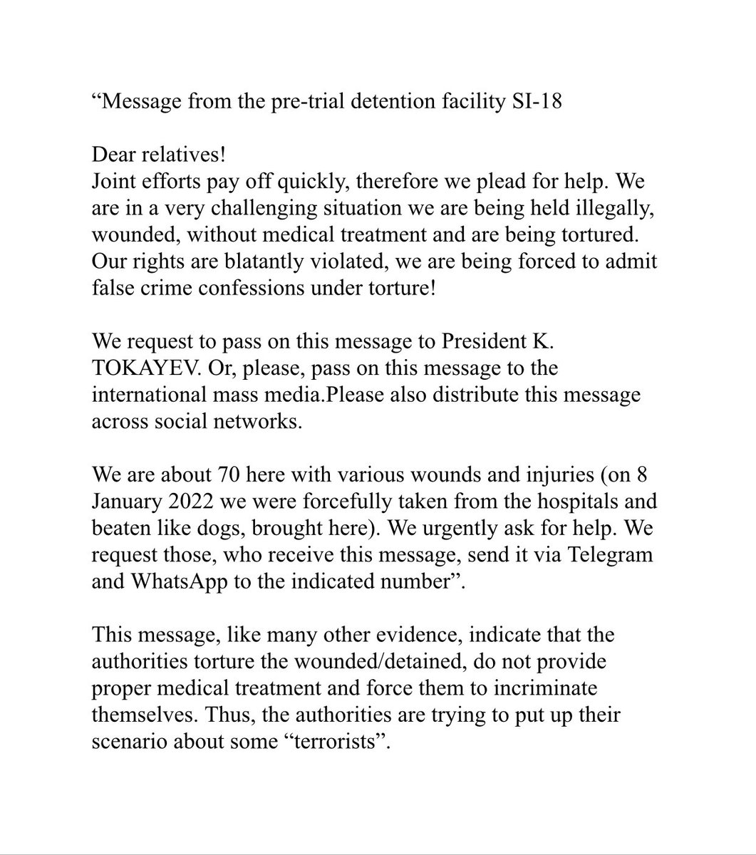 ksaumuk's tweet photo. 1/4💢CALL FOR HELP FROM POLITICAL PRISONERS AT DETENTION FACILITY LA-155/18
 
29 January 2022 #Almaty
 
On 27 January 2022 we came across desperate messages from the peaceful citizens arbitrarily detained at the detention facility LA-155/18. @EU2018AT
@CyprusinEU 
@GreeceBrussels https://t.co/GV5FyMI80c