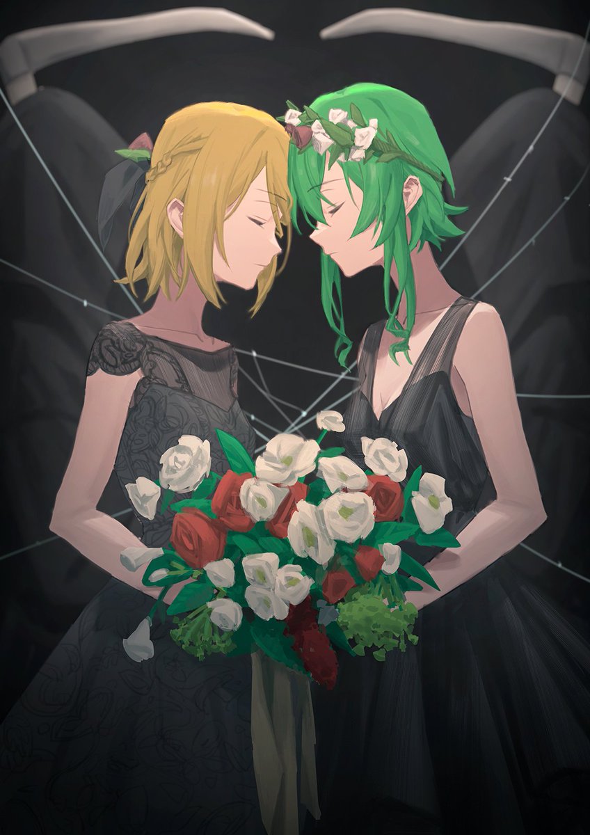 gumi ,kagamine rin multiple girls 2girls bouquet flower dress forehead-to-forehead black dress  illustration images