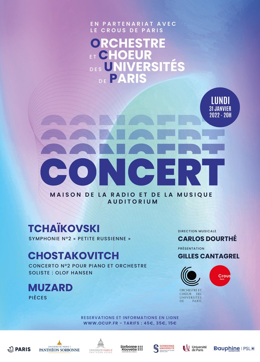 Ce soir lundi 31 janvier à 20h ne manquez pas le Concert de l'Orchestre et Chœur des Universités de Paris - Maison de la Radio et de la Musique - Auditorium !!
Infos et billetterie maisondelaradioetdelamusique.fr/evenement/conc…