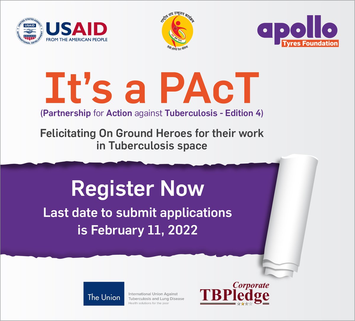 Inviting entries from credible NGOs involved in the fight against TB. Our Corporate TB pledge Diamond member @apollotyres intends to acknowledge & strengthen the contribution by NGOs & civil societies in TB space at PAcT edition 4!
Apply-corporatetbpledge.org/.../felicitati…
#CorporateTBPledge