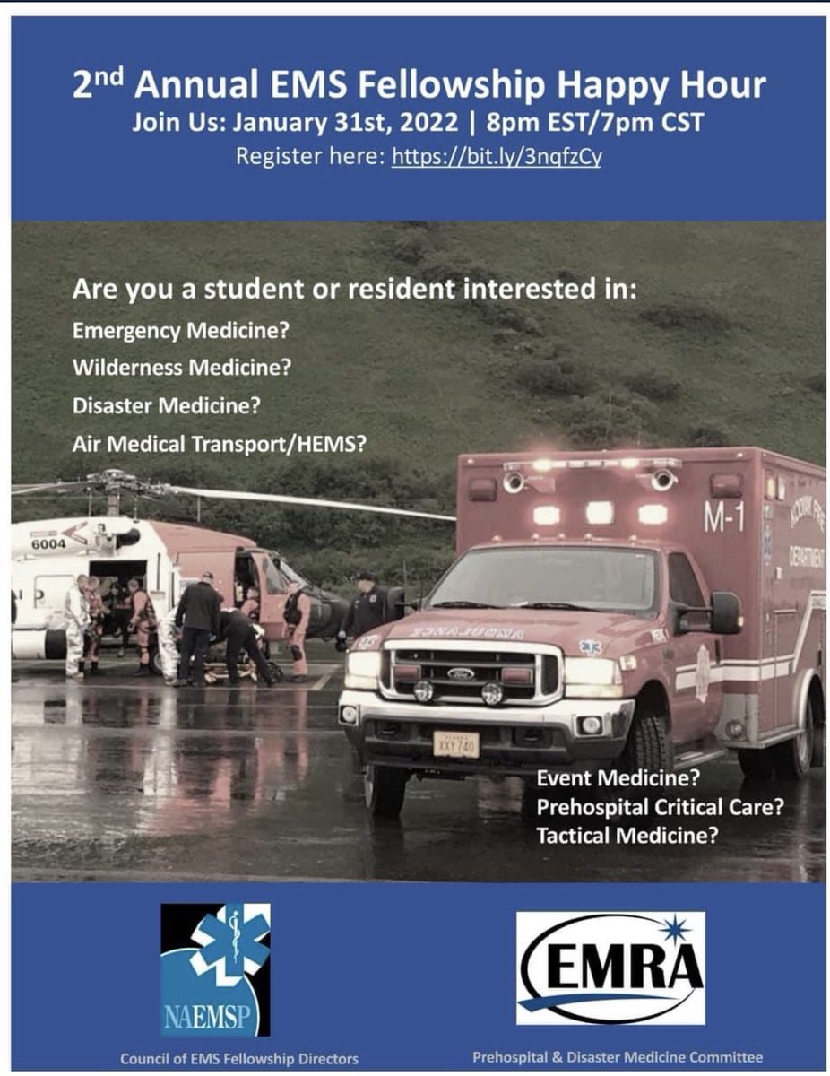 umassemsdocs's tweet photo. If taking care of the sickest patients at 1000ft or on the side of the road sounds like your jam, come chat with us tonight at the EMS Fellowship Happy Hour! @umassEMresident #EMSFellow #EMSPhysician @NAEMSP https://t.co/k8AFU8m7dL