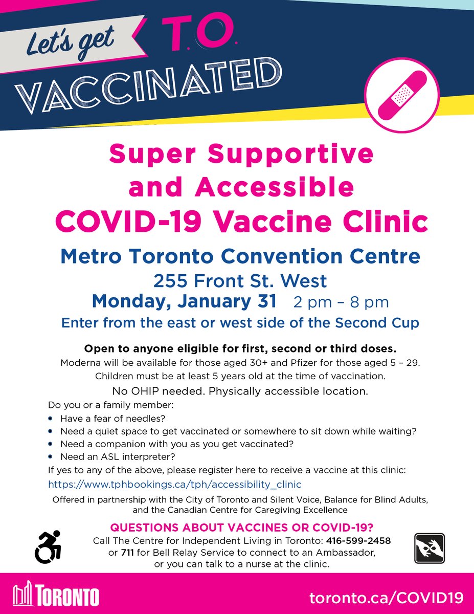 TODAY - Super Supportive Vaccine Clinic at Metro Toronto Convention Centre. 1st, 2nd, 3rd doses. You can lay down/ not see the needle and get vaxxed. You can be supported by an attendant, sighted guide, ASL interpreter and get vaxxed. Walk-ins welcome! #disability #vaccineequity
