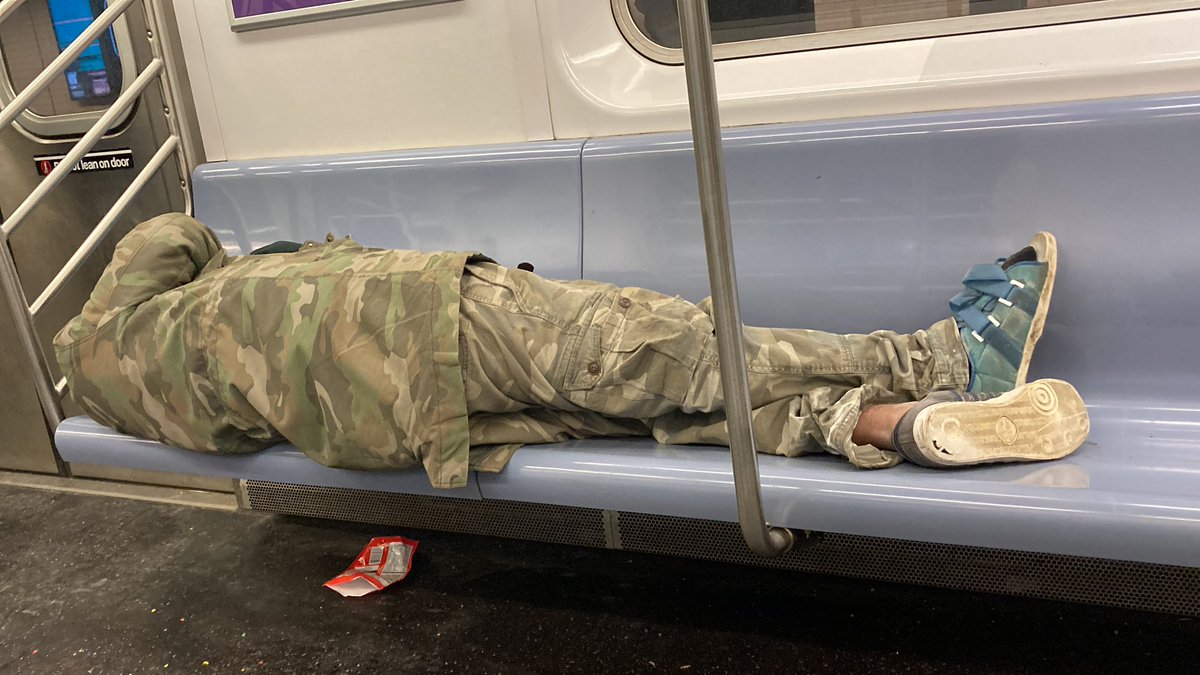 tchrismore's tweet photo. So many homeless on the NYC subways. This man could be a veteran who deserves better. Where are social services to take care of those who served us? #Homeless #Veterans #subway #nyc @NYCTSubway #2train #Bronx @MTA https://t.co/DXQYlEozPT