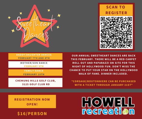 HowellRecAuth's tweet photo. Today is the last day to sign up for this year's Sweetheart Dances or reserve a  corsage/boutonniere!  

Sign up before 5pm to reserve your spot in next week's dances!
https://t.co/Y3eLdwtC0R https://t.co/5FBd2WJdLj