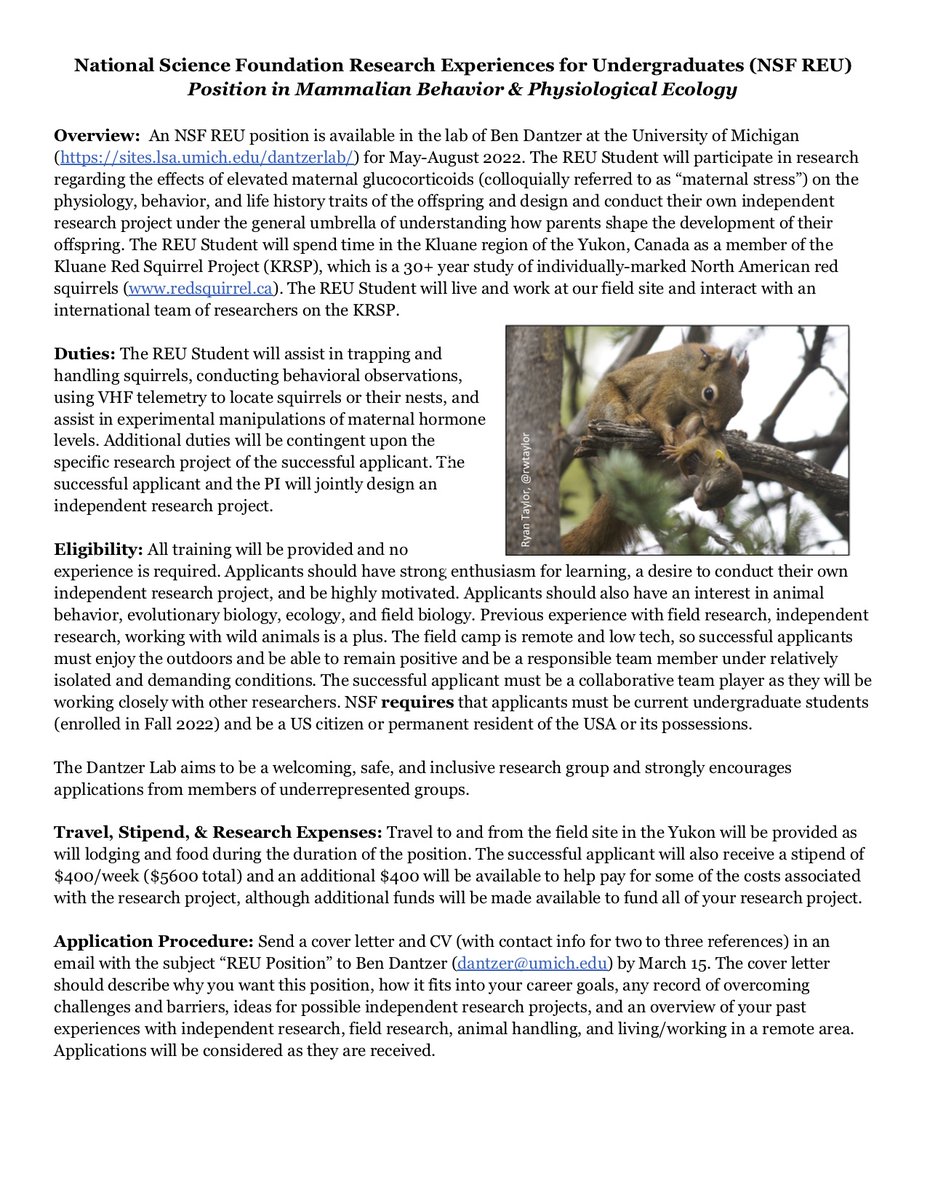 We are inviting applications for an NSF REU for Summer 2022, working w/ Ben Dantzer at Univ Michigan.

This is a paid position. Note that NSF requires that applicants will be undergraduate students in Fall 2022 &amp; are US citizens or permanent residents. 

sites.lsa.umich.edu/dantzerlab/nsf…