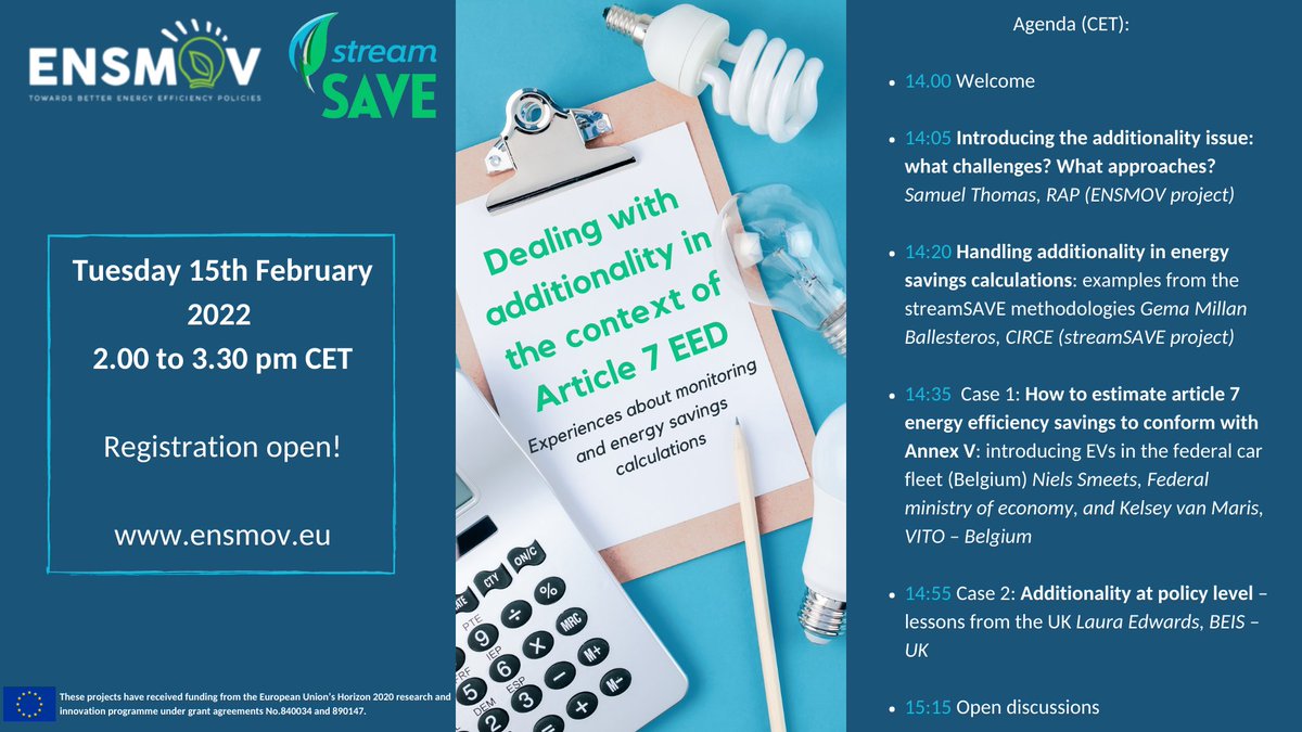 ENSMOV Plus (@ensmov) on Twitter photo Dealing with additionality in the context of Article 7 EED: experiences about monitoring and energy savings calculations
Join ENSMOV & <a href="/stream_save/">streamSAVE</a> workshop, February 15, 2-3.30 CET & hear pratical examples dealing with action and policy.
#EED #article7 #energysavings #MRV Dealing with additionality in the context of Article 7 EED: experiences about monitoring and energy savings calculations
Join ENSMOV & <a href="/stream_save/">streamSAVE</a> workshop, February 15, 2-3.30 CET & hear pratical examples dealing with action and policy.
#EED #article7 #energysavings #MRV