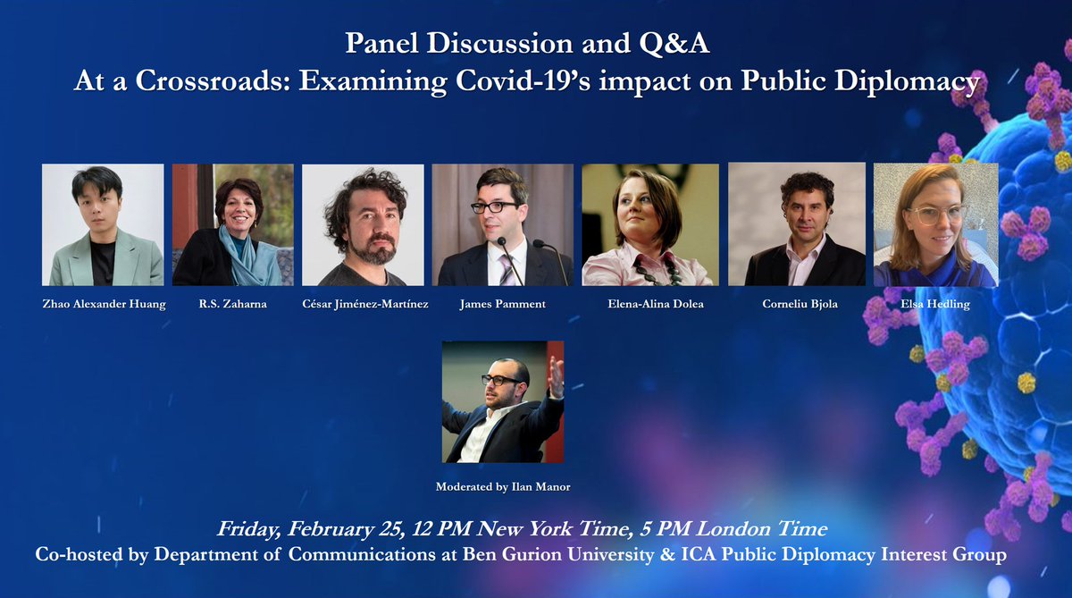 Join @ICA_PD & @CommBGU on Feb 25 for a panel examining #COVID19's impact on #PublicDiplomacy.

Speakers includes:  
@ZhaoAlexHuang
@CBjola
@rszaharna
@ElsaHedling
@Dolea_Alina
@JPamment
@Cjimenezm 

Register Here -->  eventbrite.com/e/at-a-crossro…