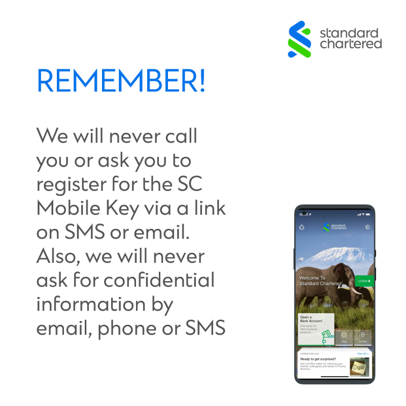 StanChartKE's tweet photo. With the SC Mobile Key, you will now be able to authenticate all online banking transaction attempts through a PIN known only to you. You will be prompted on the SC Mobile app in 5 simple steps. We will never ask you to register for the SC Mobile Key via a link on SMS or email.