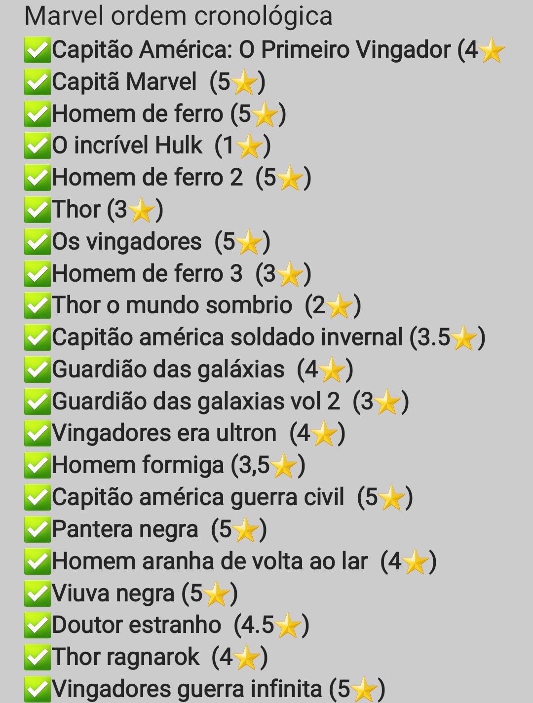 Qual a ordem cronológica dos filmes da Marvel?