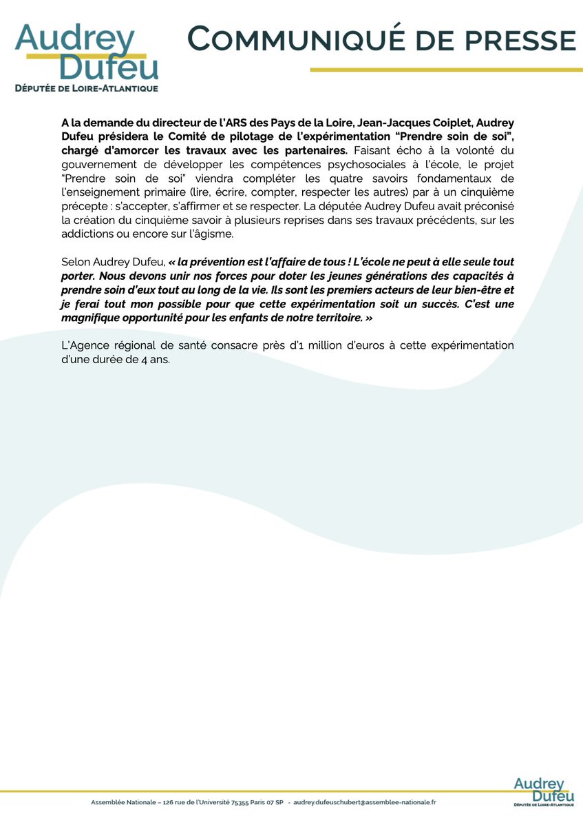 Prendre soin de soi dès le + jeune âge, c'est le projet que je défends ! 

Cet engagement prend une nouvelle dimension grâce à l'<a href="/ars_pdl/">ARS Pays de la Loire</a> qui m'a proposé de présider le comité de pilotage d'une expérimentation ambitieuse, dont le premier s'est tenu aujourd'hui.

Le communiqué ⤵️