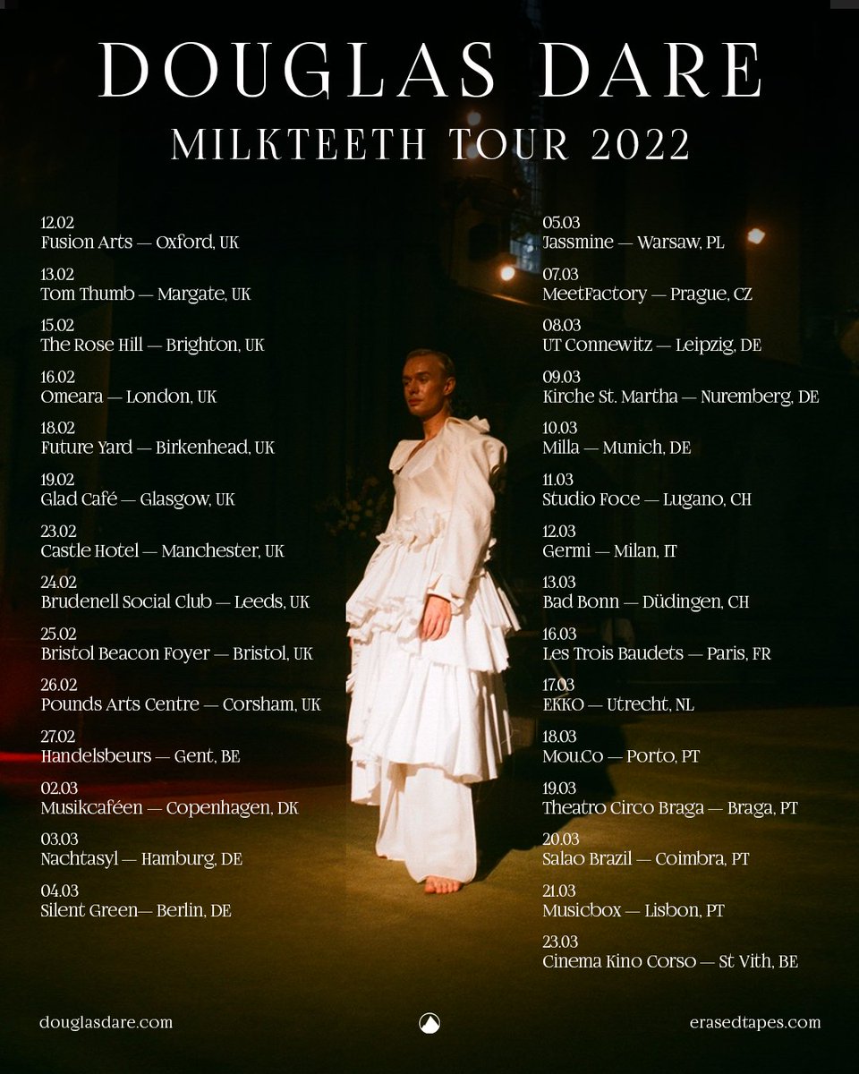ErasedTapes's tweet photo. “I can’t wait to share the songs with you live and solo; just myself, a piano and you all.“

Two years after the release of Milkteeth, our very dear @DouglasDare takes the album on a tour around the UK and Europe in the coming weeks.

Get your tickets: https://t.co/apumpyGcRj https://t.co/8EkPIWJtFN