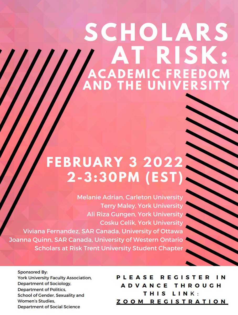 YorkU_SOSC's tweet photo. Scholars at Risk: Academic Freedom and the University. Feb 3, 2022 @ 2:00 PM EST. Advance Registration required. @YorkUSOCI @PoliticsYork @YUFAyorku 
https://t.co/daS5IBTEuA https://t.co/xMMULL2JBZ