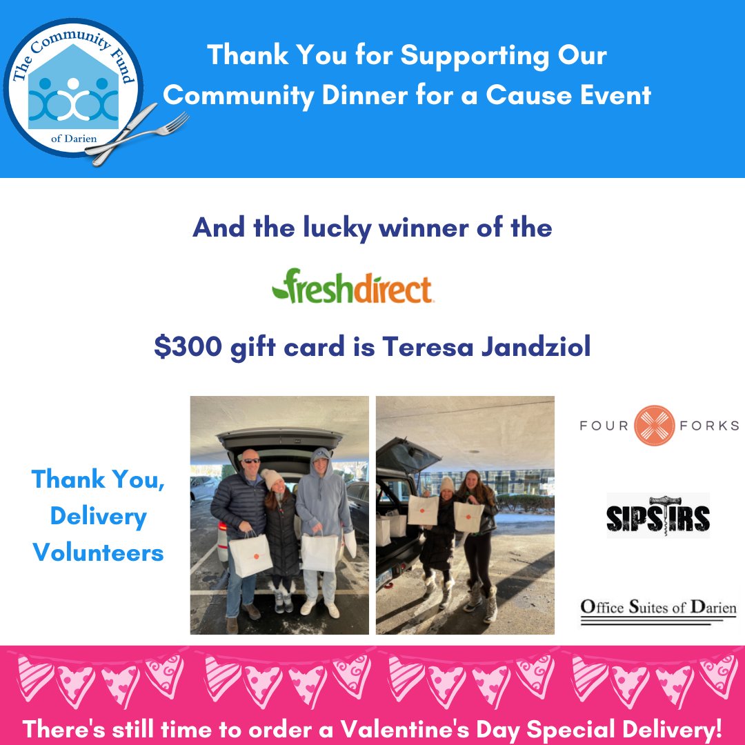 Thank you to everyone who participated in our Community Dinner for a Cause event yesterday! We're still taking orders for a special Valentine's Day delivery  of chocolate covered strawberries and sparkling wine! Place your order by February 9 at conta.cc/35wxWQ9.