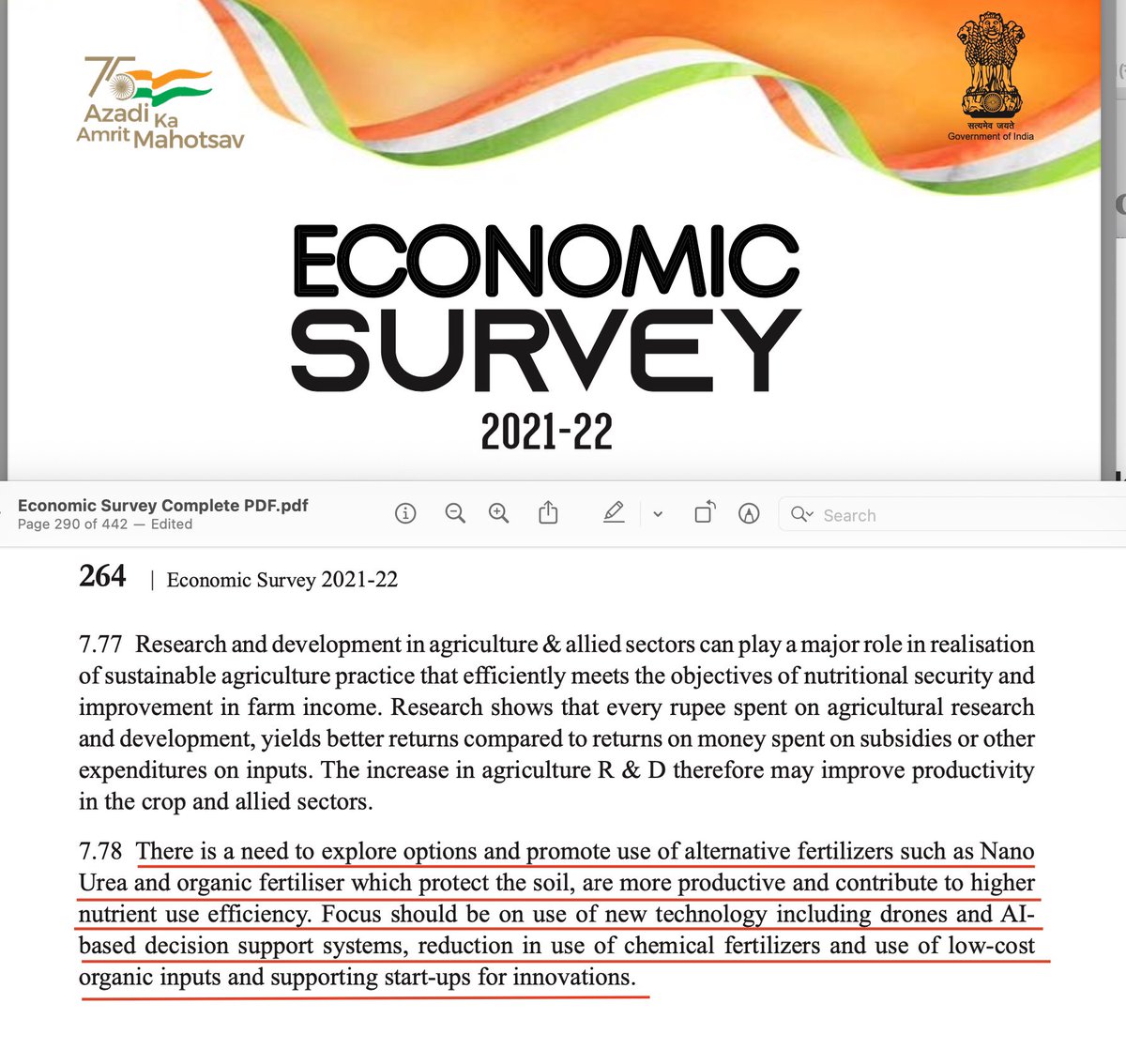 Great to see that #nanotechnology based #fertilizer, “Nano Urea” is recommended by #EconomicSurvey as fertilizer that protects the soil health, improve nutrient use efficiency and reduce the mass requirement of bulk chemical fertilizer. #NanoUrea #Nanofertilizer