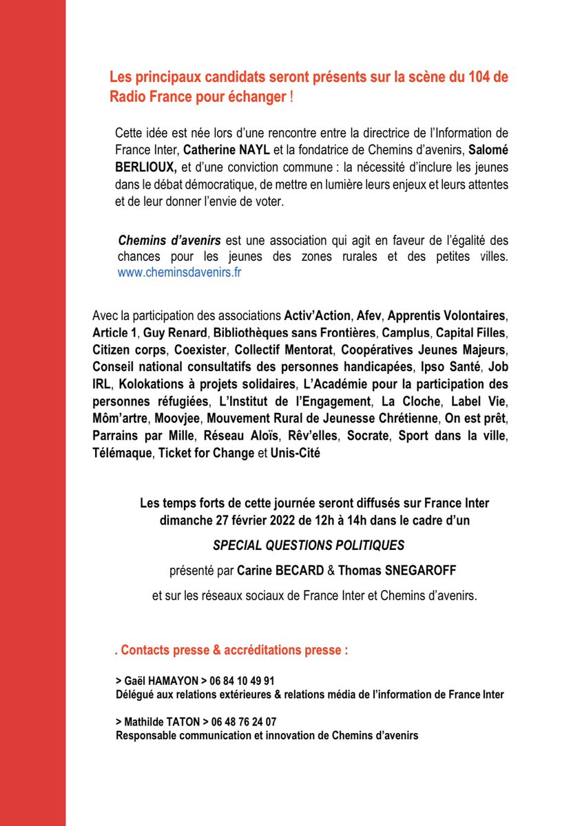 🔴 COMMUNIQUÉ DE PRESSE ⤵️

🇫🇷 #Elysee2022 👉🏽 <a href="/FranceInter/">France Inter</a> &amp; @Cheminsdavenirs ⤵️

‼️INÉDIT‼️ Les principaux candidats à la #Presidentielle2022 face à 100 jeunes sur la scène du studio 104 à Radio France 

👉🏽 Les candidats seront interrogés sur leur programme à l’égard des jeunes