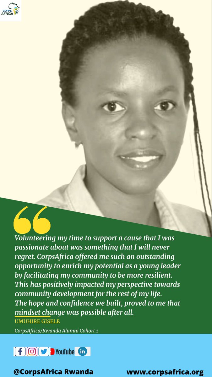 CorpsAfricaRda's tweet photo. #MondayMotivation
Meet Umuhire Gisele CorpsAfrica/Rwanda volunteer, Group 1.
#ThisIsCorpsAfrica
#mondaymotivation
#alumniplatform https://t.co/QkYPeBPW9S