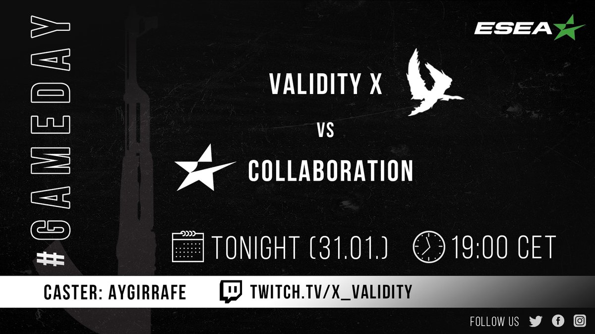 So the new <a href="/ESEA/">ESEA League</a> S40 begins! Validity X will take on 🇷🇺 Collaboration tonight. How will our new boys perform? Join us on our twitch!
⌚️19:00 CET 
📍Overpass
📺twitch.tv/x_validity
Caster: <a href="/AyGiraffe/">A Giraffe</a> 
#GoValidity