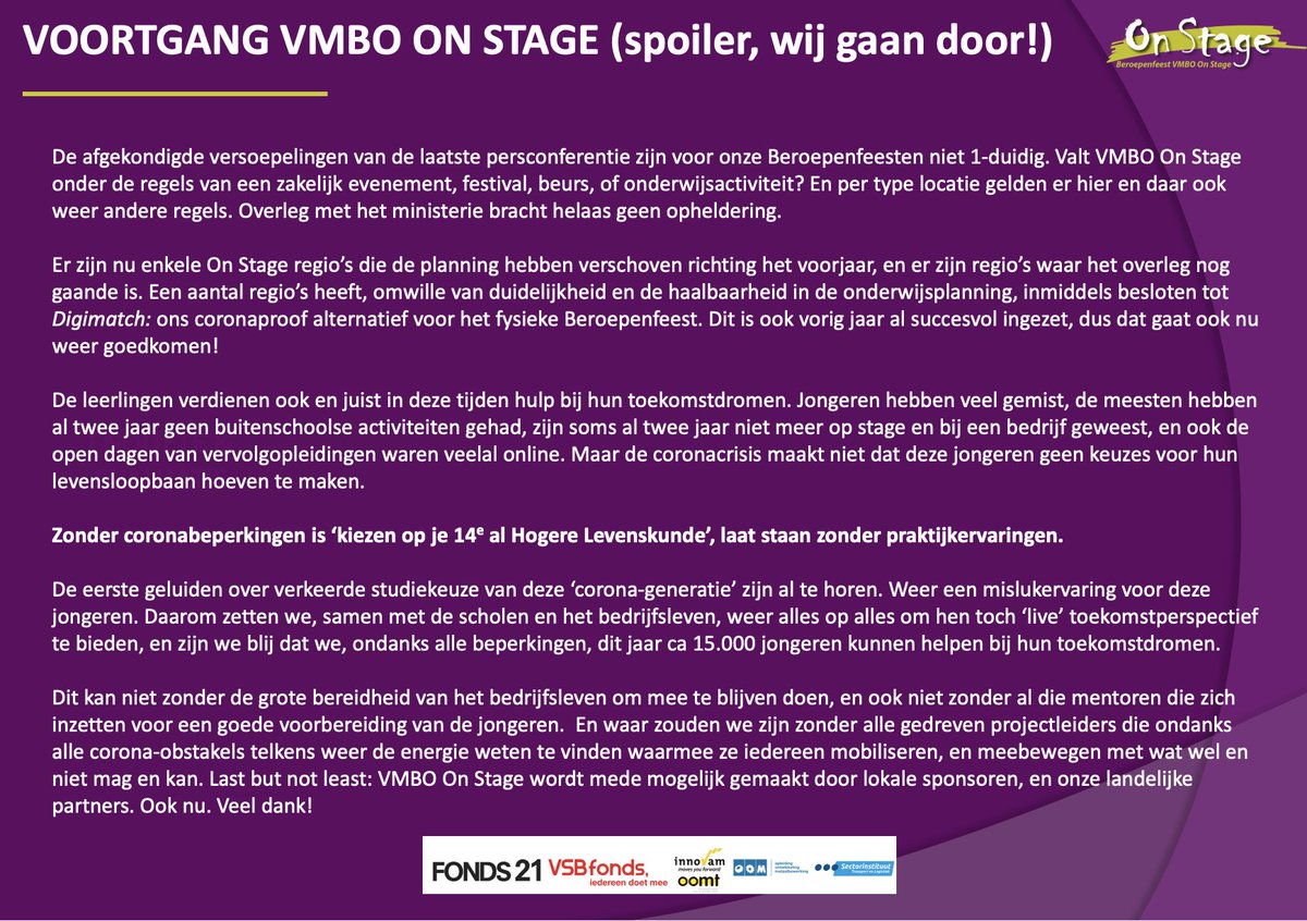 VMBOOnStage's tweet image. Vandaag starten @BetuweOnStage @DelftOnStage @AlmereOnStage met #Digimatch, successs! 🥳👊🏽

cc 🙏🏽 @Fonds21 @VSBfonds @Innovam @OOMTnl @Stichting_OOM @STLwerkt

#vmbodoetertoe #vmbo #toekomstdromen #lob #kansen #toekomstperspectief #beroepenfeest

En een bericht uit de cockpit⬇️