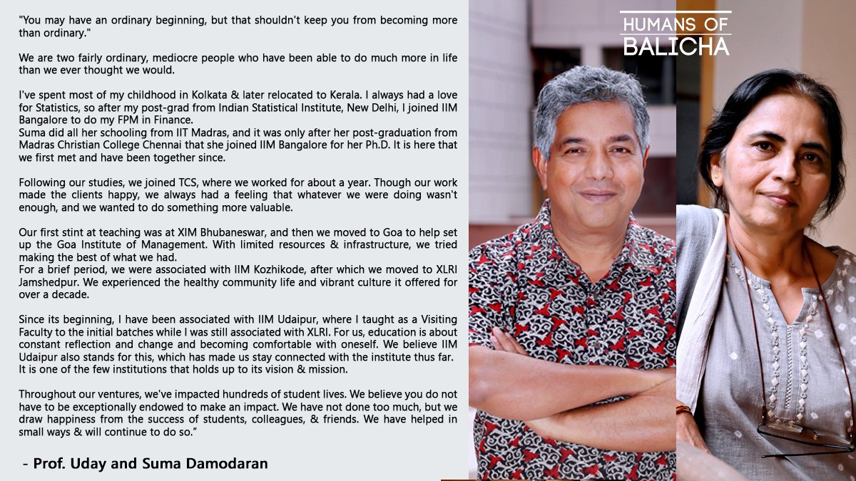 IIM_Udaipur's tweet photo. Professors Uday and Suma Damodaran share their journey and emphasize how humble beginnings can lead to success.
#HumansOfBalicha #HoB #IIMU #IIM #ItStartsAtU #BuildingUTogether #10YearsUnstoppable #MBA https://t.co/N6d2AUwytg