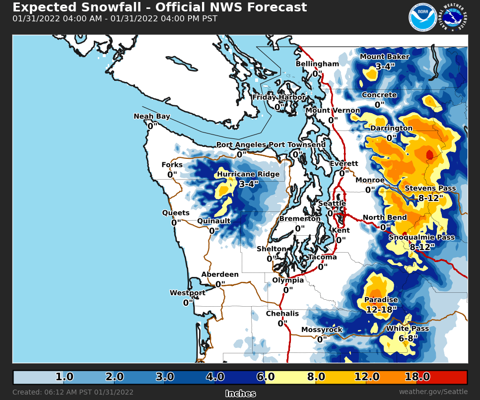 NWSSeattle's tweet photo. More snow is expected in the mountains today with heavy snow impacting both Stevens and Snoqualmie passes. Showers will decrease late this afternoon ❄️#wawx https://t.co/eQp8V3Rfno