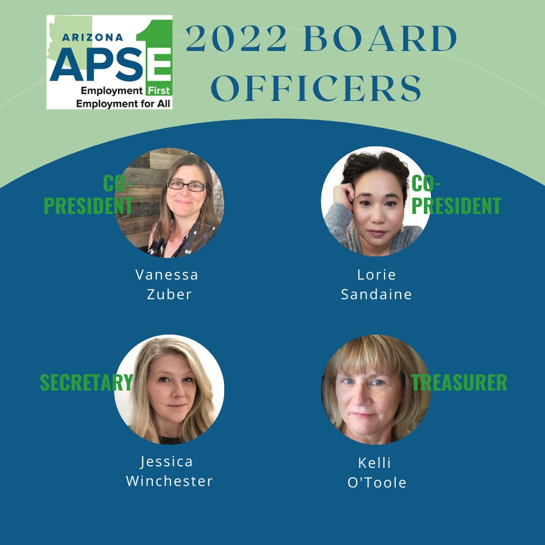 ApseAz's tweet photo. We announce our Arizona APSE newly elected Board Officers: Vanessa Zuber, Lorie Sandaine, Jessica Winchester, & Kelli O'Toole. We are looking forward to amplifying the Employment First expectation. Learn more: https://t.co/yXrpYomI75
#employmentfirst #ArizonaAPSE #weallworkAZ https://t.co/rrMuyat9fQ