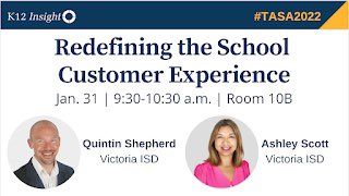 Join us at 9:30 a.m Monday, Jan. 31 in Room 10B to hear about redefining the school customer experience through community engagement and listening with @VictoriaISD leaders — <a href="/QShepherd/">Quentin Shepherd</a> and <a href="/iamashleyscott/">Ashley Ramirez Scott</a>:  app.core-apps.com/midwinter22/ev… #TASA2022