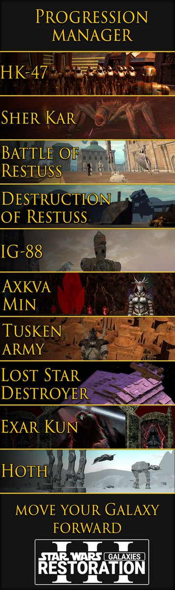 Coming with 1.0 - our progression system will allow players to move ahead server content after certain prerequisites are met, giving a unifying goal to everyone - regardless of Imperial, Rebel, or Neutral affiliations.