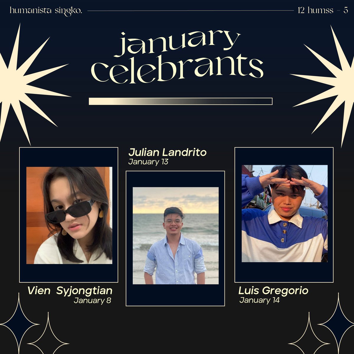 HUMSS_5's tweet photo. Happiest birthday to our multi-talented January celebrants, @zldvn, @jlnmgl_landrito, @luisgregoriooo, @alexandriagwen, and @ibanreyes_! Continue being an inspiration to others and we hope that you had a blast. May all the wishes and desires of your heart be granted! ☺︎ https://t.co/e9hib89pbb