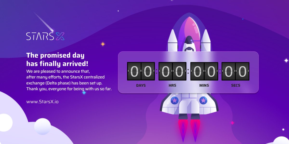 StarsXPlatform's tweet photo. The promised day has finally arrived!

We are pleased to announce that, after many efforts, the StarsX centralized exchange (Delta phase) has been set up. Thank you, everyone, for being with us so far. https://t.co/xSXH4A57bX